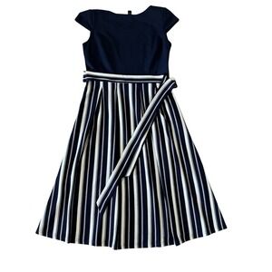 Vfshow Womens Navy Blue Striped A-Line Midi Dress Cap Sleeve Pockets Belt XXL